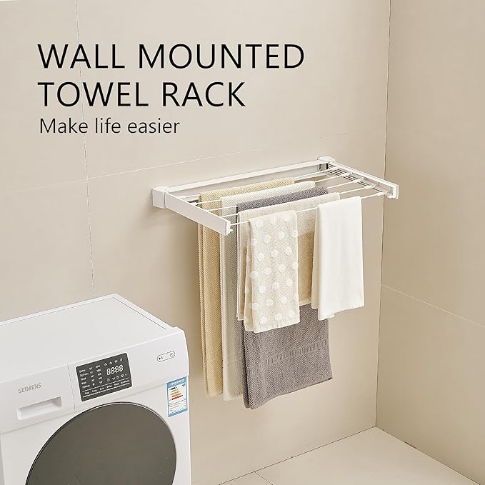 JOOM Laundry Drying Rack Collapsible, Wall Mounted Drying Rack, Clothes Drying Rack, Retractable Drying Racks, 27.5" Wide, 5 Aluminum Rods, 60 lb Capacity (White 27.5")