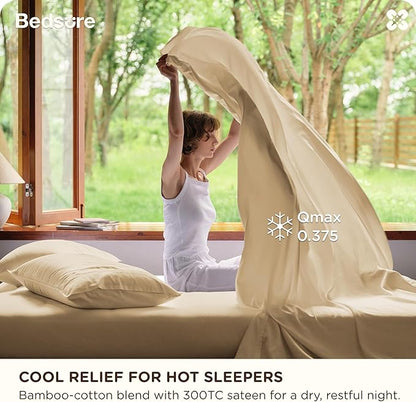 Bedsure Cooling Sheets Queen Size, Rayon Derived from Bamboo & Cotton Blend, GentleSoft, Breathable, Queen Sheet Set, Deep Pocket Up to 18 Inches, Hotel Luxury Bedding for Hot Sleepers, Beige