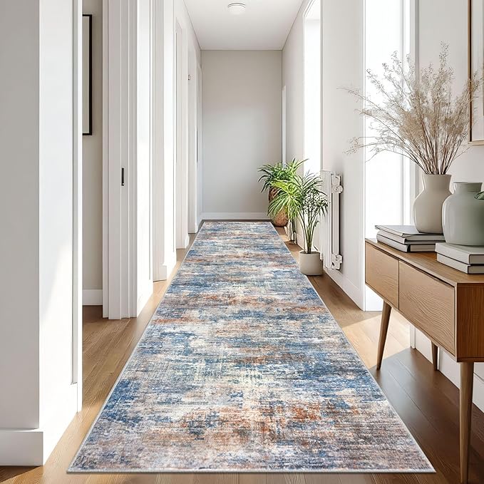 IOHOUZE Abstract Runner Rug 3x16 Ft Extra Long Washable Runners for Hallways, Non Slip Kitchen Runner Printed Faux Wool Entryway Runner Indoor, Modern Abstract Floor Carpet for Hall Stair, Blue Rust