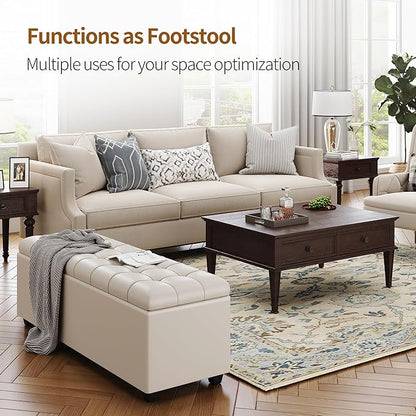 Small 38 Inches Long White Ottoman Bench with Storage,Footstool Furniture End of Bed Benches,Faux Leather Ottomans and Seat for Foot Rest in Bedroom, Living Room, Entryway