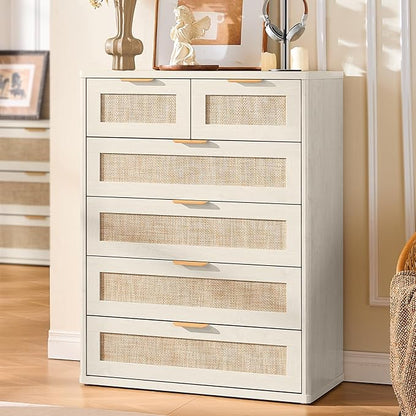 LEYAOYAO White Dresser for Bedroom Set of 2, 42" Tall Chest of Drawers, Modern 6 Drawers Boho Rattan Dressers with Storage, Dresser Wooden Closet Organizer for Living Room, Hallway