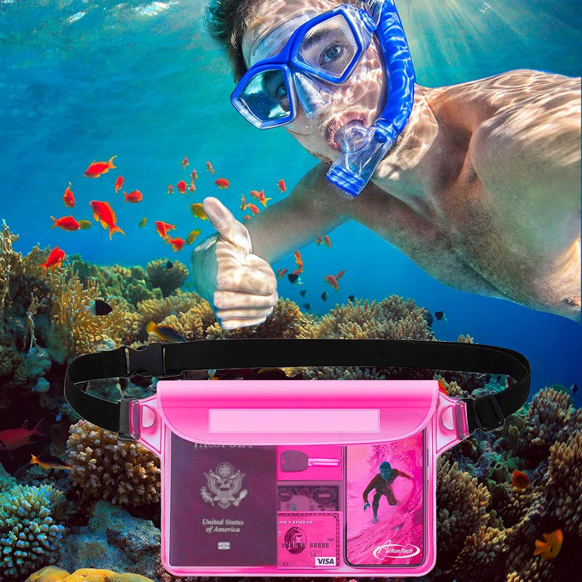 AiRunTech Waterproof Sling Shoulder Bag for Women Men, Amusement Theme Park Mexico Cancun Vacation Essentials Accessories Must Haves,Waterproof Pouch for Phone Passport Wallet Purse with Waist Strap
