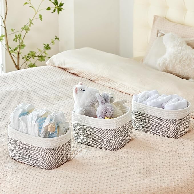 Small Cotton Rope Basket – Storage Bin for Organizing (10.6" x 6.7" x 6.7"), Bathroom Storage Basket for Shelf, Counter & Closet（White & Mixed Grey）