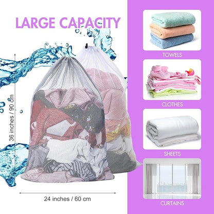 Berlune 30 Pack 24 x 36 Inches Large Mesh Bags for Laundry, Wash bags, Sturdy Mesh Material Closed with Drawstring, Factory, University, Dormitory, Travel and Apartment Dweller (White, Gray)