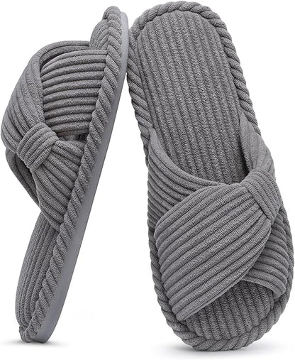 Evshine Summer House Slippers for Women Corduroy Cross Bow Indoor Slippers Open Toe Slip On Bedroom Shoes with Memory Foam