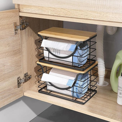 Extra Large Trash Bag Holder Under Sink 2 Pack Stackable Kitchen Storage with Bamboo Lid, Garbage Bag Dispenser Roll Holder, Pantry Organizers Wall Mounted Laundry Room Organization Storage