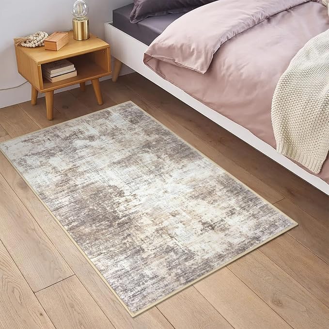 IOHOUZE Small Abstract Area Rug 2x3 Ft Entryway Rugs Washable Door Mat Indoor Entrance, Rubber Backed Throw Rugs, Printed Faux Wool Non Slip Floor Carpet for Foyer Front Door Sink, Beige Brown