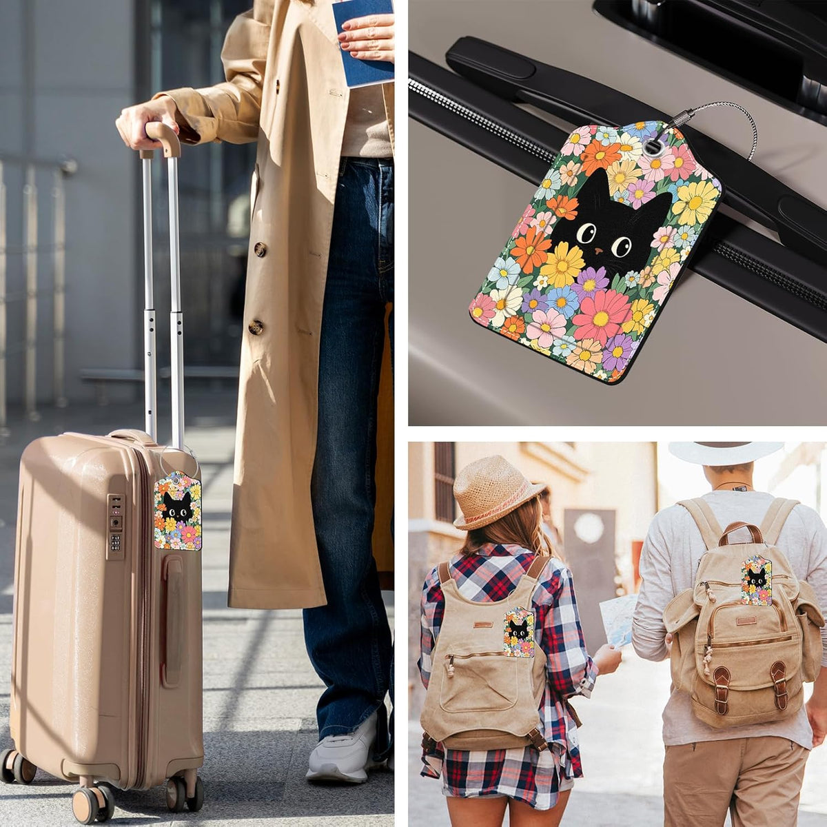 2 Pcs Colorful Cat Luggage Tags for Suitcase, Leather Luggage Tags Cute, Privacy Cover ID Label with Stainless Steel Loop & Address Card, Black Cat Travel Bag Tag Luggage Accessories for Suitcases