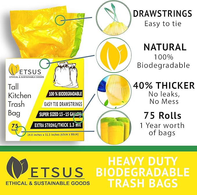 13 Gallon Biodegradable Trash Bags with Drawstrings, 75 Count Plant Based, Code Q Tall Kitchen Compost Bags 50 Liter Bin - Green Garbage Liners - 1.3 mil Thick Heavy Duty and Eco Friendly Trash Bags