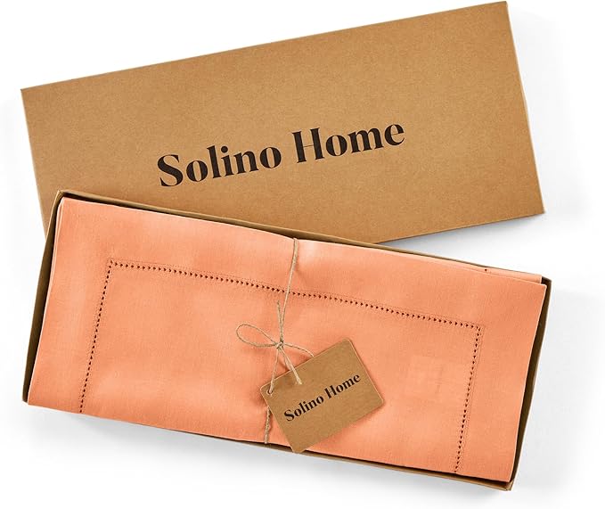 Solino Home Linen Coral Table Runner 132 Inches Long - 100% Pure Linen Extra Long Table Runner 14 x 132 Inch - Classic Hemstitch