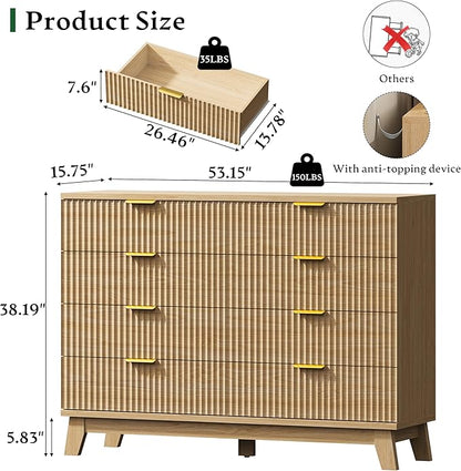Fluted Dresser with 8 Drawers, 54" Wide Modern Chest of Drawers with Metal Handle, Wooden Dresser TV Stand, Wood Closet Clothes Storage Organizer for Bedroom, Living Room, Hallway, Natural Oak