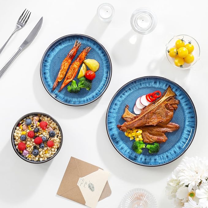 vancasso PLAYA Plates and Bowls Sets, 24 Pieces Blue Dinnerware Sets