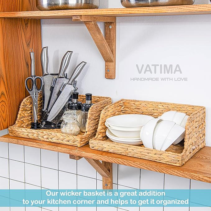 VATIMA Water Hyacinth Storage Baskets with Large Open-Front for Kitchen, Decorative for Living Room, 13.4” x 9.5” x 5.5”, 2 Pack