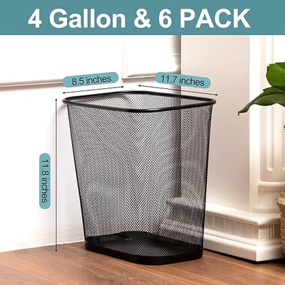 Nuanchu 6 Pcs Mesh Square Trash Cans 4 Gallons Wire Wastebasket for Home Black Metal Office Garbage Cans Rectangular Trash Bin for Kitchen Bathroom Bedroom, 11.7 x 8.5 x 11.8 Inch (Black)