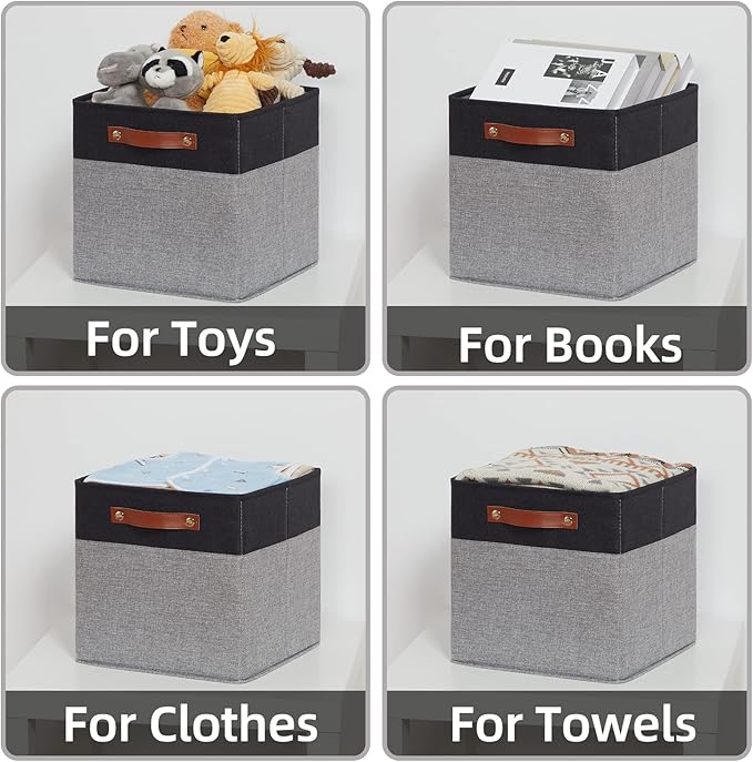 HNZIGE Cube Storage Baskets,Fabric Storage Cubes 12 x 12, Set of 4,Decorative Storage Baskets for Organizing with Handles,Closet Bins for Shelf Organizer Home Toy Nursery Closet(Black Gray)