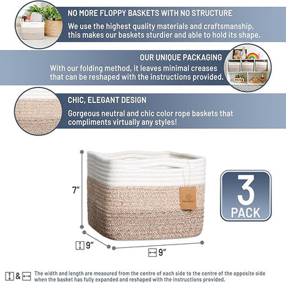 NaturalCozy Storage Cubes 9”x9”x7”Cotton Rope Woven Baskets for Organizing 3-Pack | 9 Inch Cube Storage Bin | Small Basket for Shelf Nursery, Pantry, Decorative Plant, Bathroom Closet, Toy Gift