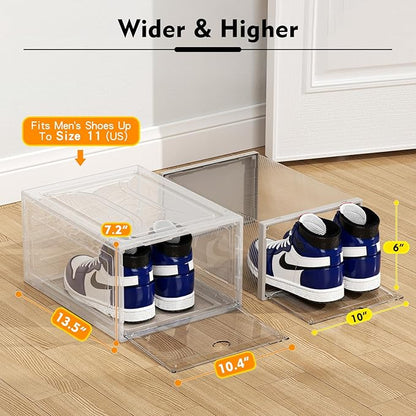 12 Pack Upgrade Harder Solid Plastic Shoe Organizer, Shoe Boxes Clear Stackable, Sneaker Storage for Closet, Shoe Display Case
