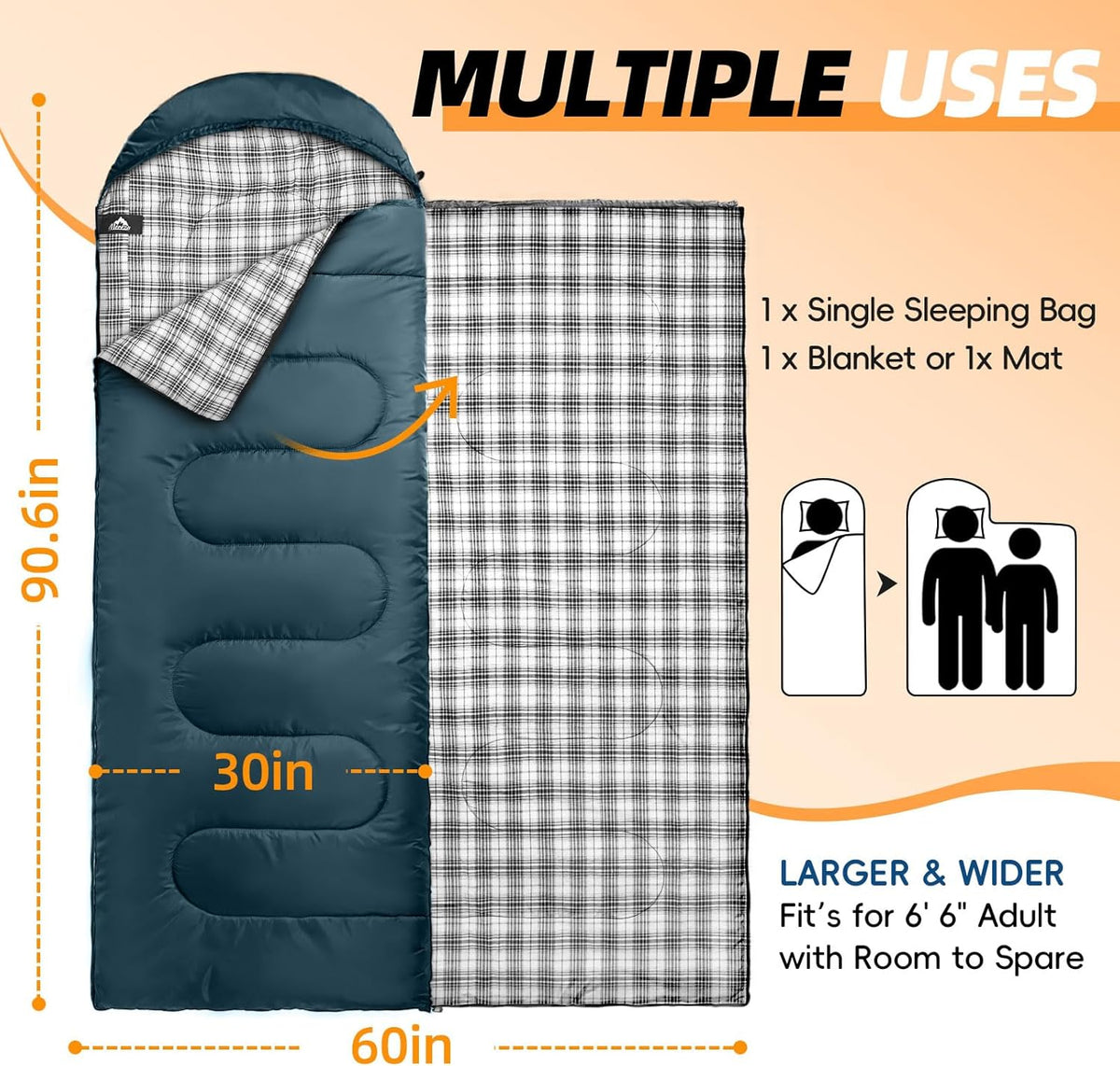 MEREZA Flannel Sleeping Bag for Adults XL, Large Wide Sleeping Bags for Camping Mens Warm Cotton Sleeping Bag 4 Season Warm & Cool Weather