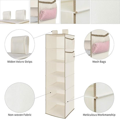 MAX Houser 6 Tier Shelf Hanging Closet Organizer, Closet Hanging Shelf with 2 Widen Straps for Storage, Foldable (Beige2)