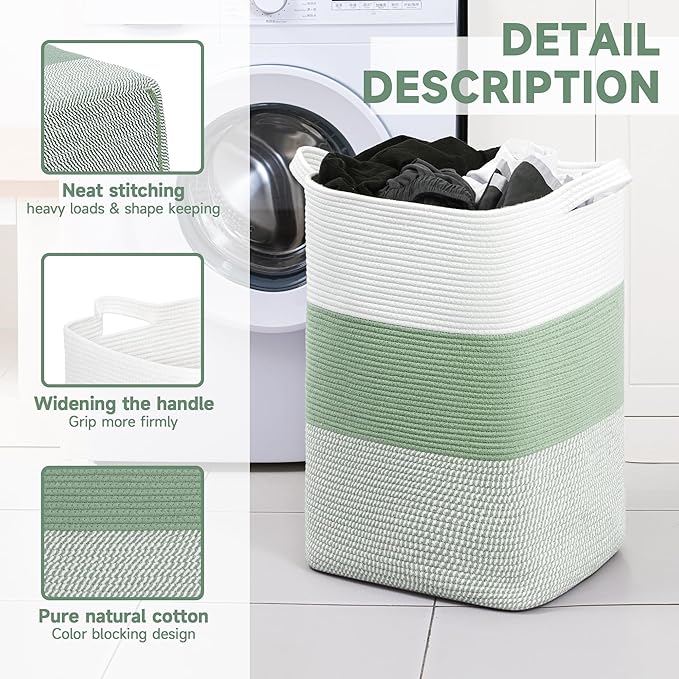 CLHMILY&Z 95L Laundry Basket Rectangular Green Rope - 16x15x24 Inches - Dirty Clothes and Soft Storage Bin for Blankets, Toys, and Nursery Essentials