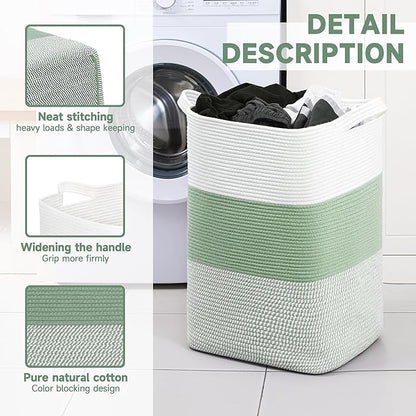 CLHMILY&Z 95L Laundry Basket Rectangular Green Rope - 16x15x24 Inches - Dirty Clothes and Soft Storage Bin for Blankets, Toys, and Nursery Essentials