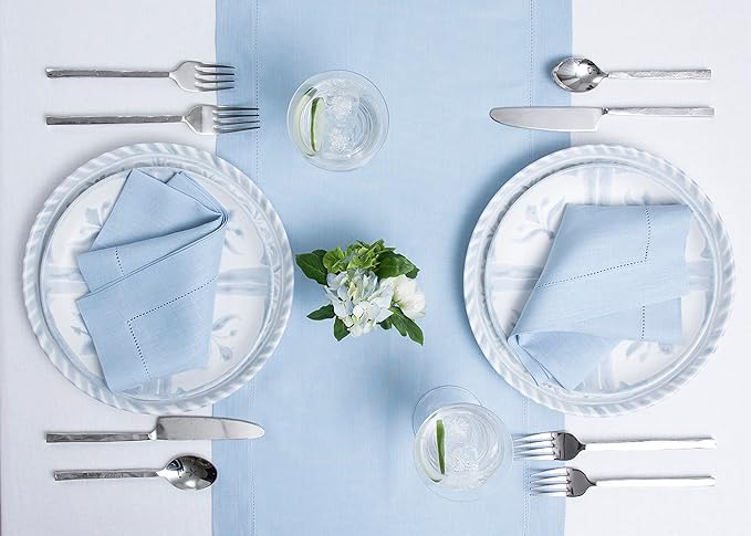Solino Home Linen Sky Blue Table Runner 132 Inches Long - 100% Pure Linen Extra Long Table Runner 14 x 132 Inch for Christmas, New Year - Classic Hemstitch