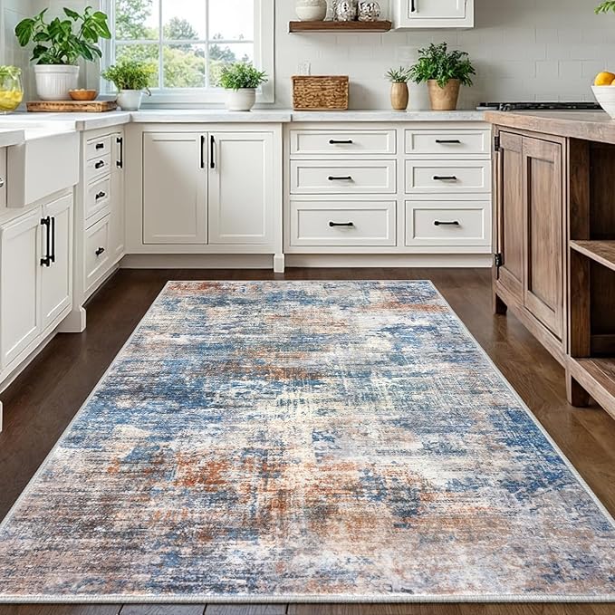 IOHOUZE Abstract Area Rugs 5x7 Ft Washable Rugs for Living Room, Non Slip Dining Room Rug, Printed Faux Wool Rugs for Bedroom, Floor Carpet for Office Nursery Playroom, Blue Rust