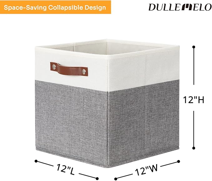 DULLEMELO Storage Cubes 12 inch, Collapsible Sturdy Cube Storage Bins With Handles for Organizing,Fabric Storage Baskets for Shelves Nursery Closet Home Organization and Storage (White&Grey-4 Pack)