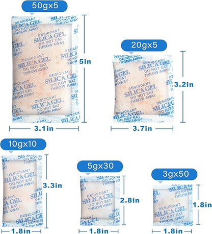 LotFancy Silica gel Desiccant, Assorted Sizes (3/5/10/20/50 Gram) Silica Gel Packets, 100Packs Total, Rechargeable Desiccant Packets with Orange Color Indicating, Food Safe