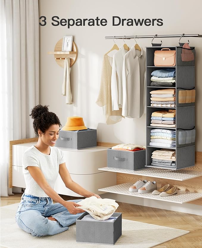 Pipishell Hanging Closet Organizer 6-Shelf, Hanging Shelves for Closet with 3 Removable Drawers & Side Pockets for Bedroom or Garment Rack, 12' x 12' x 43.3', Dark Gray