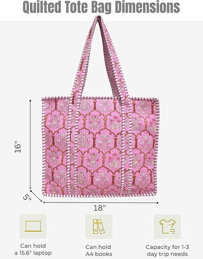 Cotton Quilted Tote Bag for Women – Large Beach & Travel Tote with Zipper, Reusable Grocery Bag