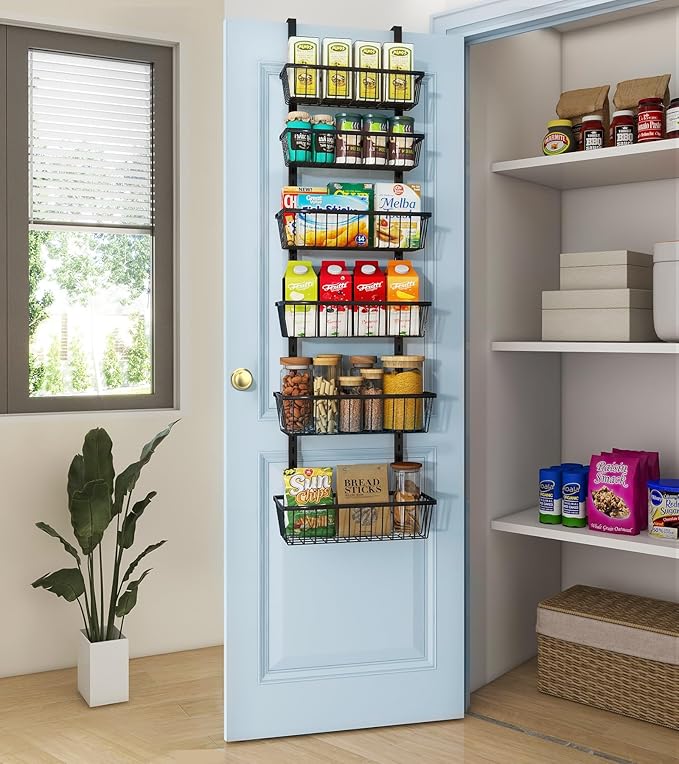 12 Inch Wide Narrow Over The Door Pantry Organizer, Pantry Organization and Storage, Black Metal Hanging Deep Basket Wall Spice Rack Seasoning Shelves, Home & Kitchen Essentials, Apartment