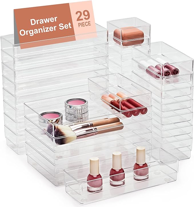 SMARTAKE 29-Piece Drawer Organizer with Non-Slip Silicone Pads, 4-Size Desk Drawer Organizer Trays Storage Tray for Makeup, Jewelries, Utensils in Bedroom Dresser, Office and Kitchen (Clear)