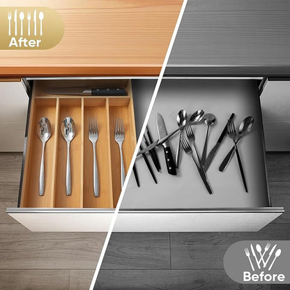 Silverware Organizer, 10 Inch Utensil Organizer Kitchen Drawer Organizer Bamboo Silverware Holder Cutlery Tray Organizer in Drawer Flatware Organizer Tray(5 slots, Natural）
