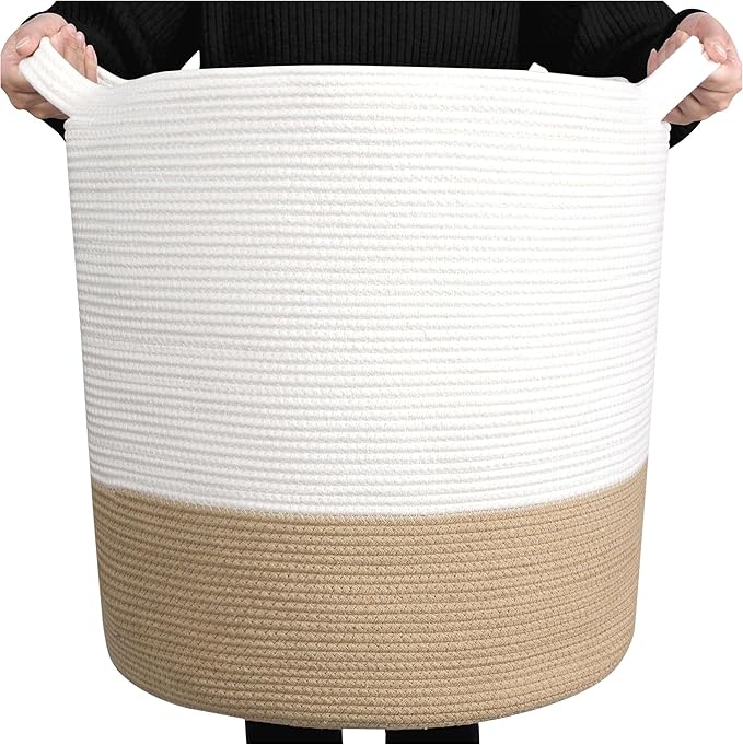 MINTWOOD Design 83L Extra Large 20x18in Decorative Woven Cotton Rope Blanket Basket with Handles, Tall Laundry Hamper for Living Room, Round Storage for Pillows, Towels, Shoes, Beige