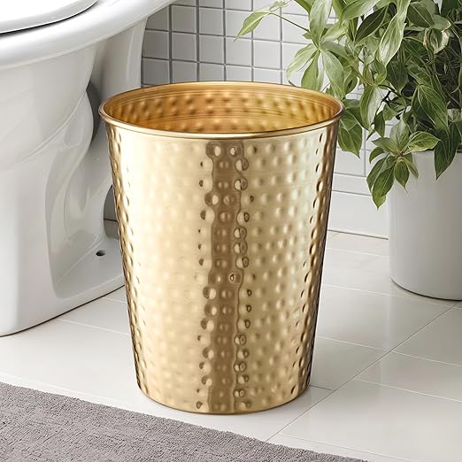 Monarch Abode Brushed Gold Hand Hammered Metal Wastebasket for Home Office Bedroom, Decorative Waste Basket, Modern Garbage Can, Durable & Decorative Trash Bin, Brushed Gold Bathroom Trash Can
