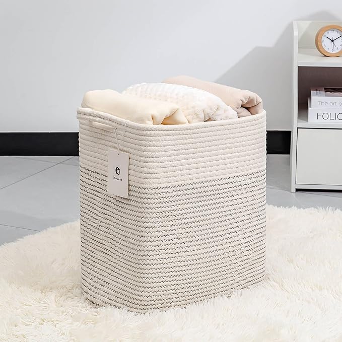 Medium and Large Woven Basket//With Handle, Used for Toys and Fabric Storage Basket used for Storing xl Storage Box, Decorative Storage Box Room (14L*15.7H I White/Black Line, 14L*10W*15.7H)