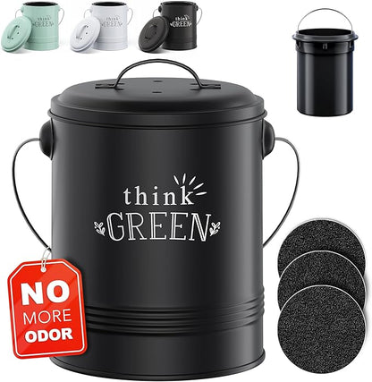 Barnyard Designs Compost Bin for Kitchen Counter - 1.2 Gallon Countertop Composter with Extra Smell-Absorbing Filters and Inner Bucket for Easy Cleaning - Food Waste Bin for Kitchen with Lid (Black)