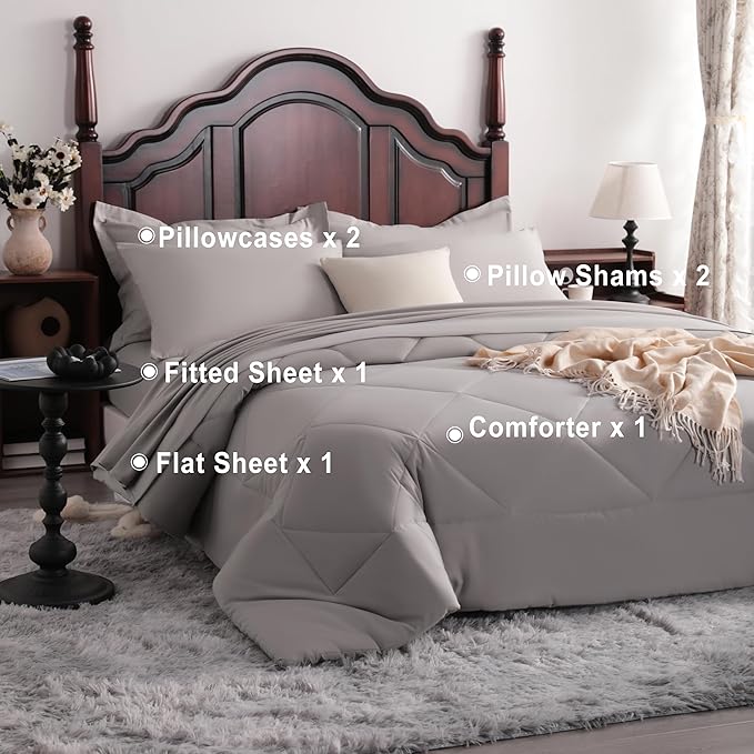 NTBAY Queen Comforter Set with Sheets, 7 Pieces Soft and Breathable Queen Bedding Set, Bed in a Bag, Down Alternative Comforter Set Solid Color All Season, Queen Bedding Set, Smoke Grey