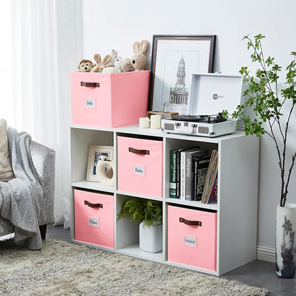 DECOMOMO Storage Baskets, 13x15x13 Storage Cube Bins with Labels for Organizing Shelves Kallax (Kallax / 4pcs, Pink)