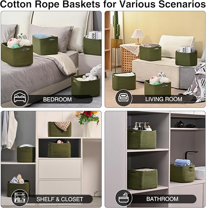 Small Storage Baskets for Organizing, Woven Storage Baskets for Shelves, Cotton Rope Basket for Storage, Cute Rectangular Book Toy Green Basket, 12.7"×9.1"×7.9", 4 Packs, Green