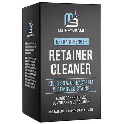 Retainer Cleanser Tablets Invisalign Cleaner, Removes Odors Discoloration Stains and Plaque 4 Month Supply Denture Cleansers Retainers Mouth Guards Denture Bath Mint by M3 Naturals