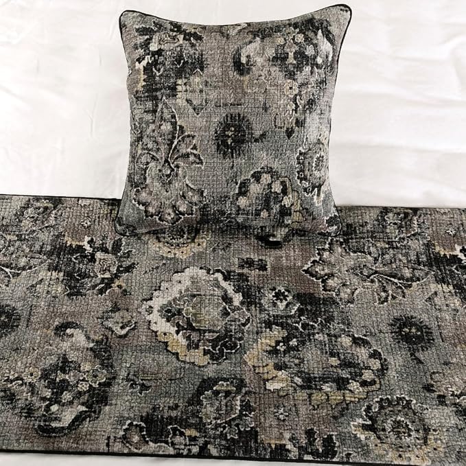 The HomeCentric Decorative Black & Grey Queen 74 x 18 inch Bed Runner Without Pillow Cover, Velvet Damask with Tassels Bed Scarf, Abstract Modern - Paved Damask