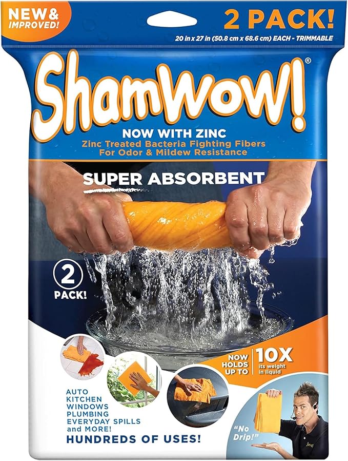 ShamWow Original Super Absorbent Multi-Purpose Cleaning Shammy Chamois Towel Cloth - Holds 10X its Weight in Liquid - Machine Washable - Will Not Scratch (2 Pack, Orange)