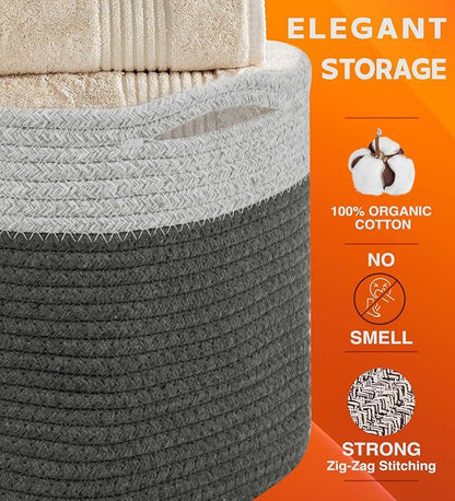 CHAT BLANC Cotton Rope Baskets for Organizing I Storage Baskets for Shelves | Rope Basket for Storage, Small Laundry Baskets, Woven Baskets for Storage, Dog Toy Bin, Baby Basket, Gray & Graphite 3Pack