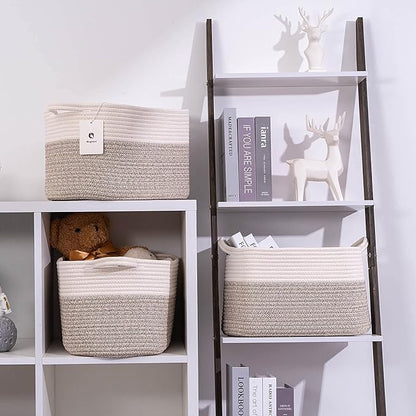 Medium and Large Woven Basket//With Handle, Used for Toys and Fabric Storage Basket used for Storing xl Storage Box, Decorative Storage Box Room 2pack (14L*10W*8.6H White Brown, 14Lx10Wx8.6H)