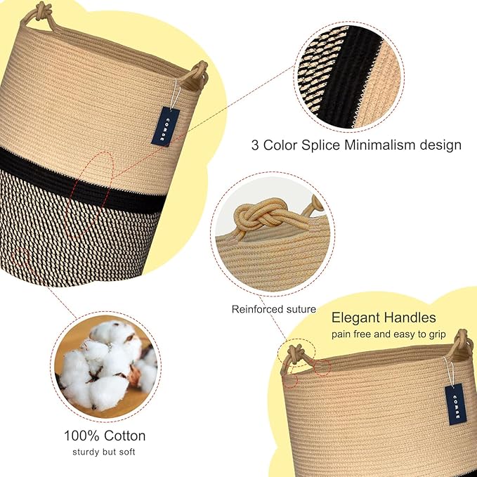 COMSE Extra Large Blanket Basket, Tall Woven Storage Basket, Nursery Hamper, 15.7”x 21.7”, Cotton Rope Laundry Hamper for Toys Clothes Towels, Blend Brown/Black