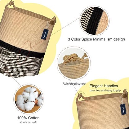 COMSE Extra Large Blanket Basket, Tall Woven Storage Basket, Nursery Hamper, 15.7”x 21.7”, Cotton Rope Laundry Hamper for Toys Clothes Towels, Blend Brown/Black