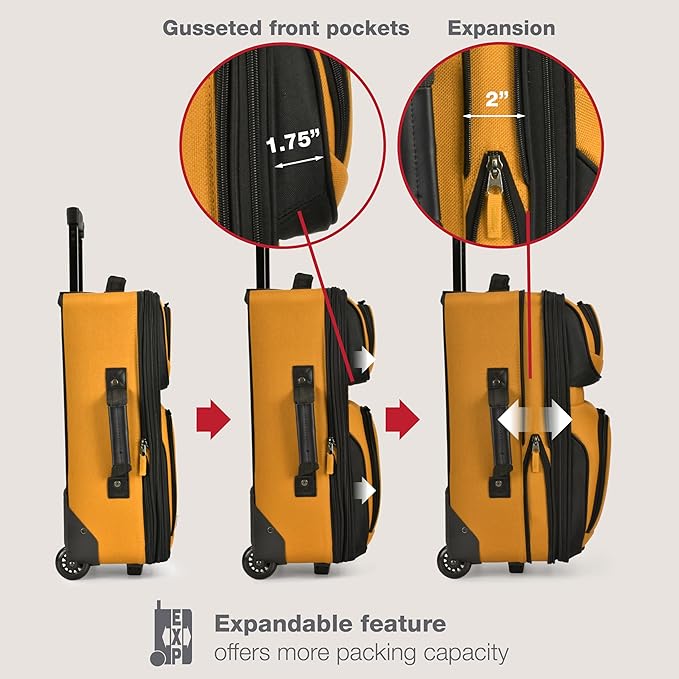 U.S. Traveler Rio Fabric Expandable Carry-on Luggage, Rolling Suitcase, Orange, 2 Wheel Set