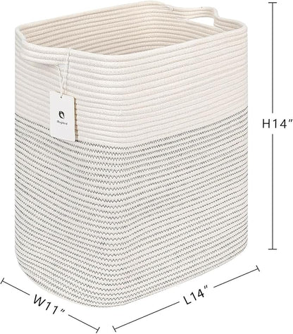 Storage Baskets for Clothes Fabric Cotton Rope Storage Basket bins with Handles, Decorative Woven Basket for Living Room,Closet Organizer Blankets Tall 2 bags White/Black Line, L14×W11×H14
